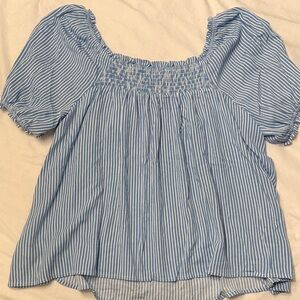 Old Navy Blue & White Striped Puff Sleeve Smocked Top